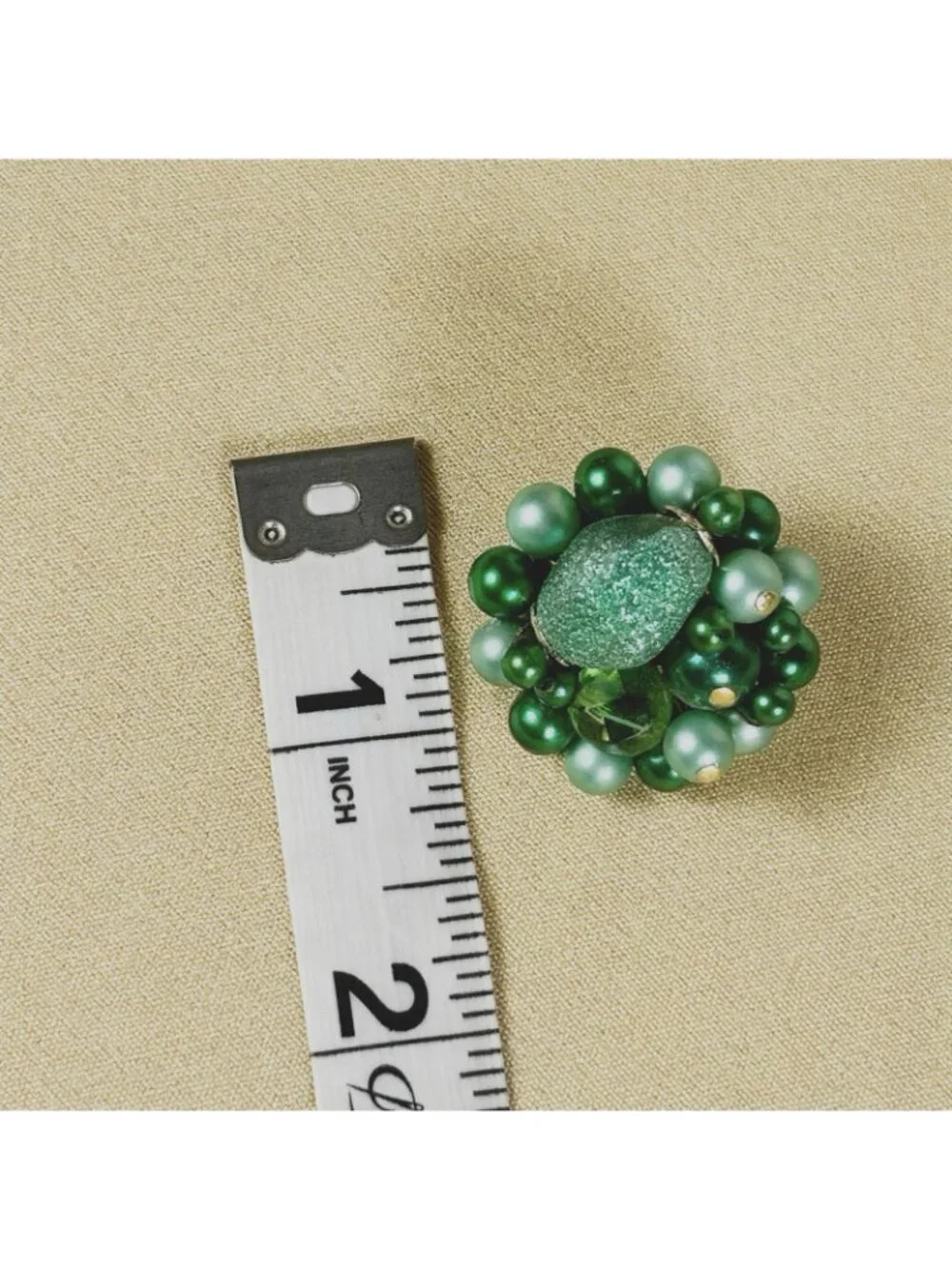 Vintage Japan Signed Green Sugar Bead Faux Pearl Clip On Statement Earrings A8